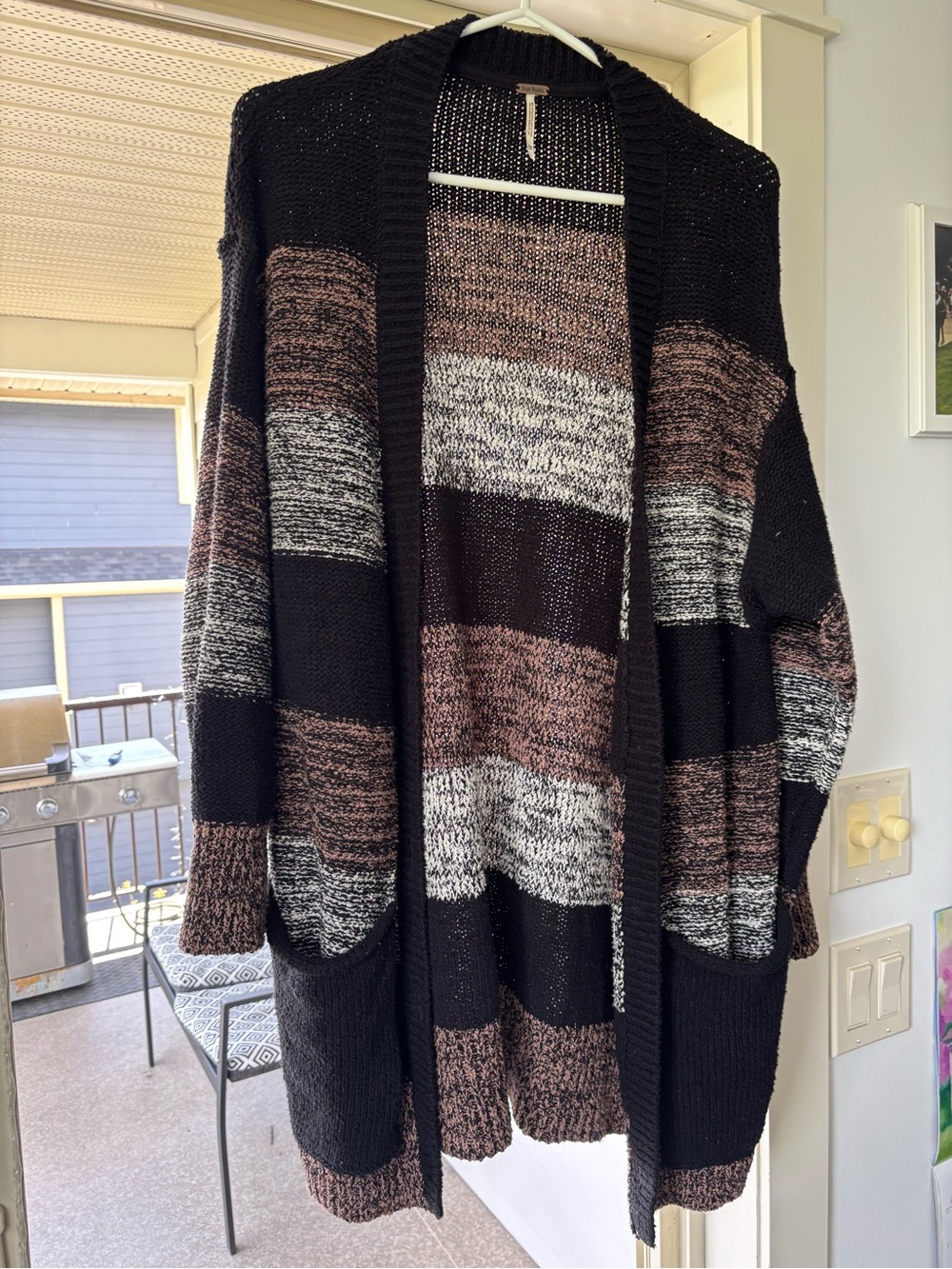 Free People Striped Open-Front Cardigan - Black, Brown & Gray